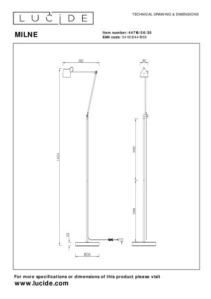 Lucide MILNE - Lampadaire - LED Dim. - 1x8W 2700K - Noir - technique